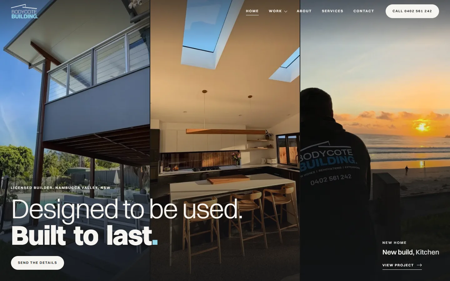Bodycote Building homepage: the headline Designed to be used. Built to last., over a deck, a kitchen and the coast