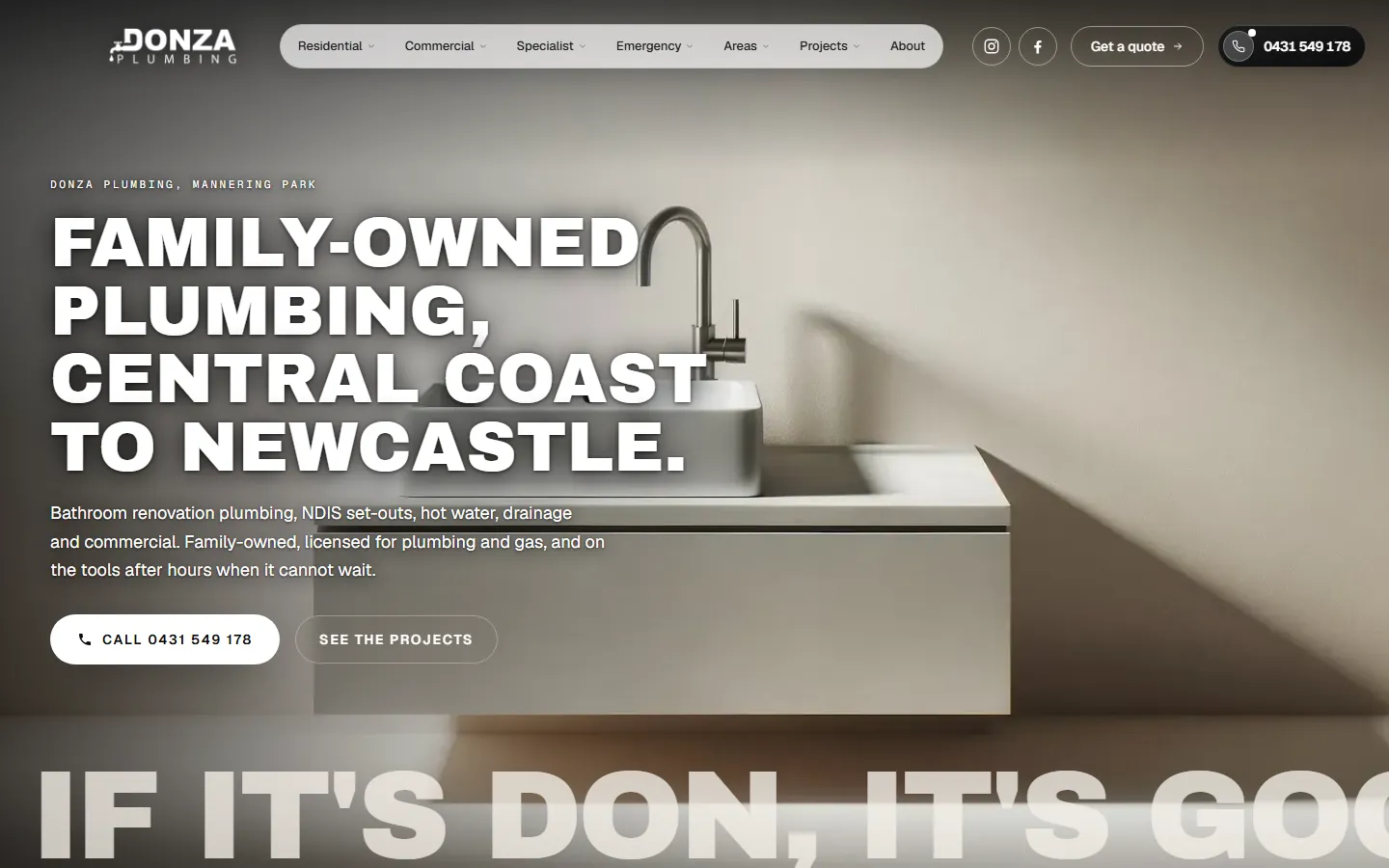 Donza Plumbing homepage, showing the Mannering Park location, the published mobile number and the call and quote actions